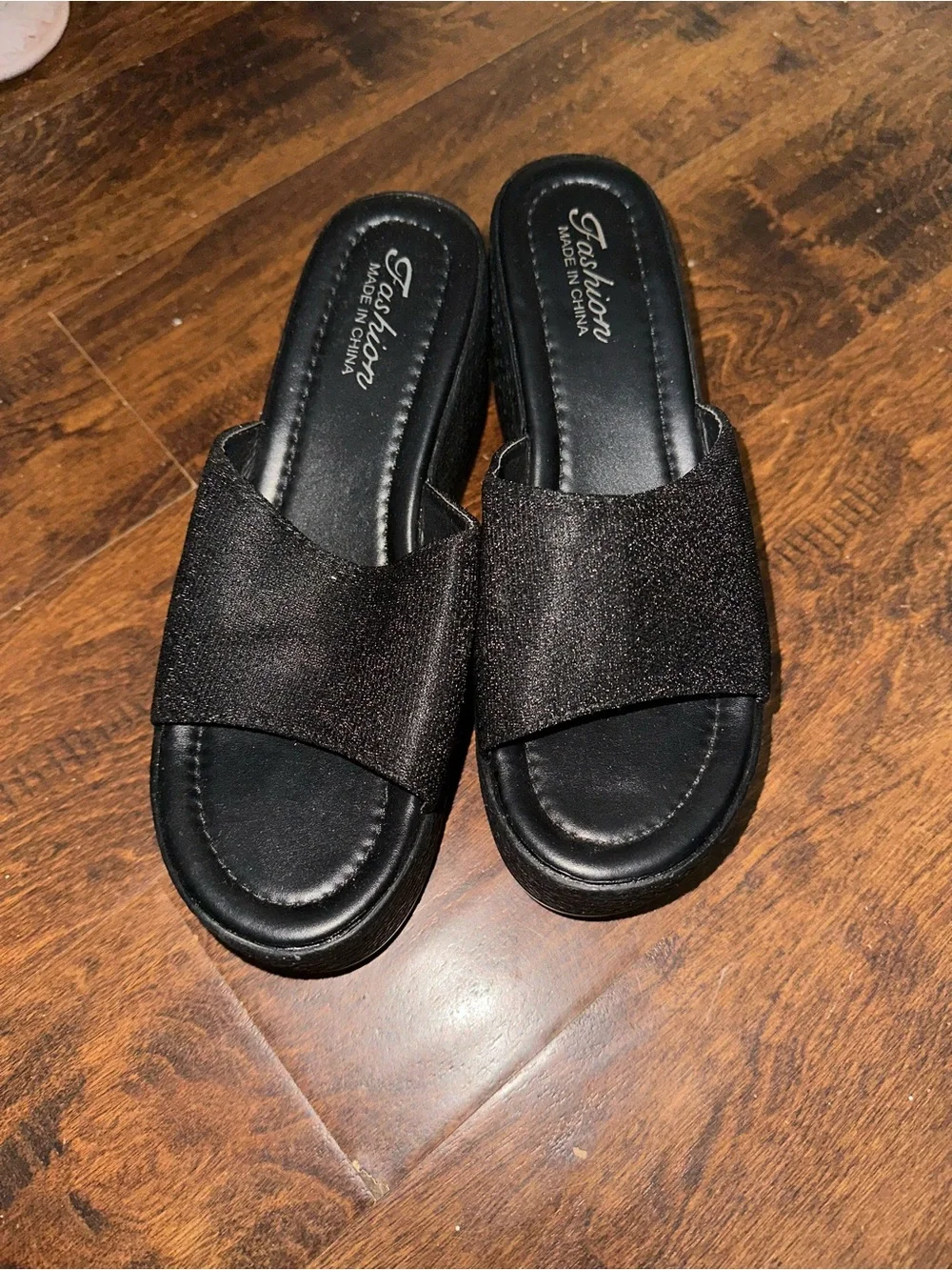 Women's Black Platform Slide Sandals with Textured Sole